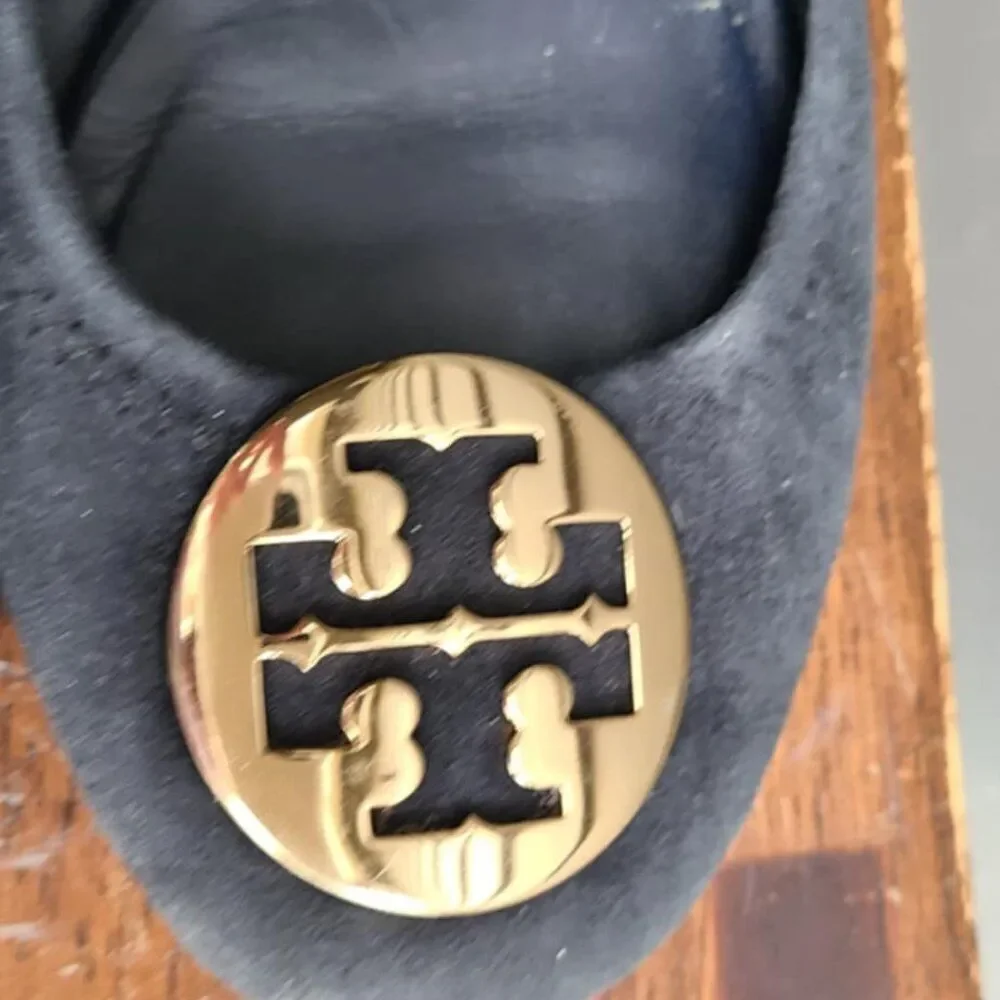 Tory Burch Navy Suede Reva Flats with Logo size 8